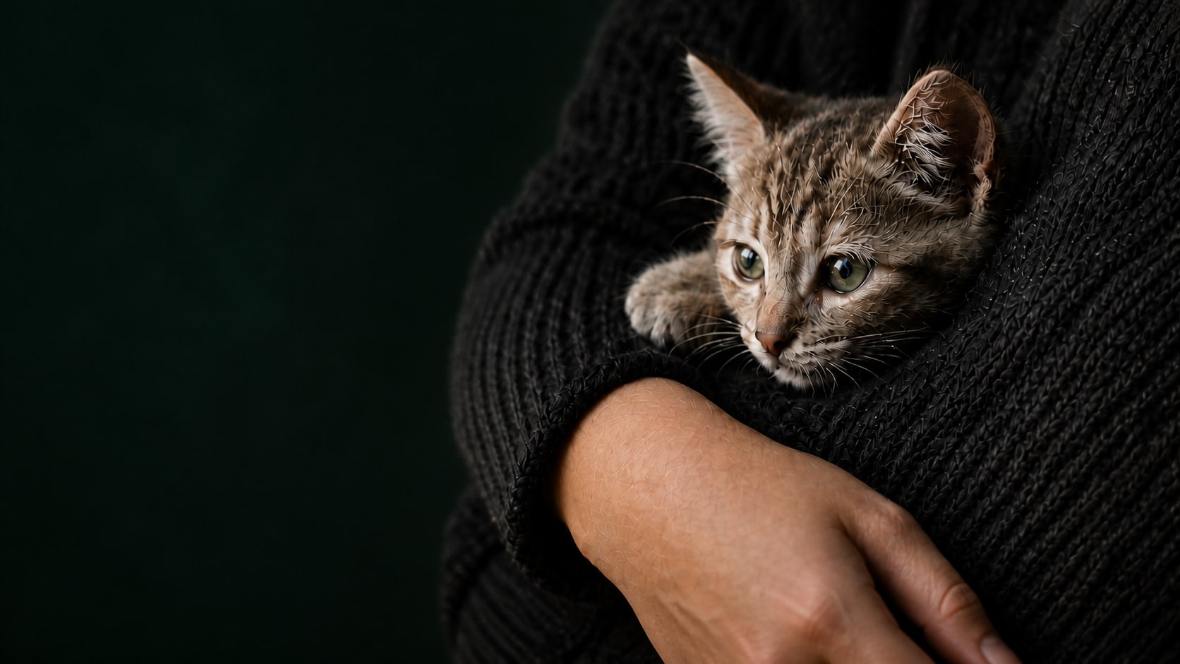 A tabby kitten held securely in the arms of a caregiver.